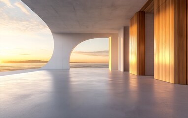 Modern Architecture Interior with Ocean View at Sunset, Concrete and Wood Design