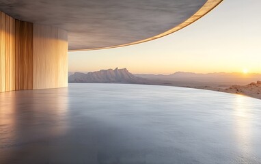Modern Architecture Interior with Desert Mountain View at Sunset, Minimalist Design