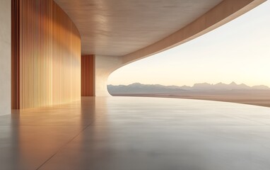Modern architecture interior with desert landscape view, minimalist design, concrete and wood.