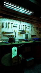 Rusty tools are neatly organized on a worn wall in an old workshop, showcasing years of use and craftsmanship. A dim light adds a nostalgic atmosphere to the scene.