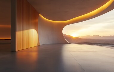Modern Architecture Interior with Sunset View, Minimalist Design, Curved Walls and Wood Paneling