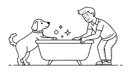 Dog Bathing Line Art Illustration Person Washing Pet in Bathtub ,illustration outline isolated on white background