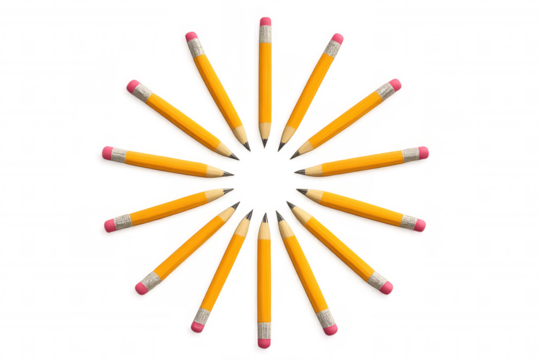 Yellow pencils forming a circle pattern, symbolizing education, drawing, and creativity on transparent background