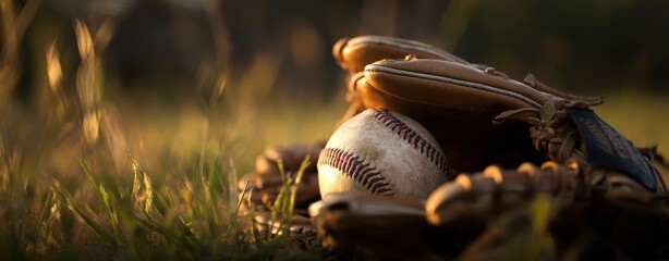 The baseball resting inside a vintage glove on sunlit grass.