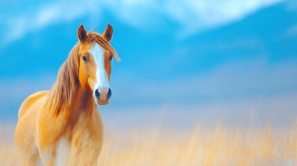 Obraz premium Golden horse standing gracefully in a scenic landscape with mountains