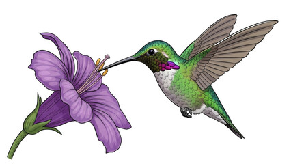 Obraz premium vibrant green hummingbird with a ruby throat feeding on nectar from a purple trumpet flower.