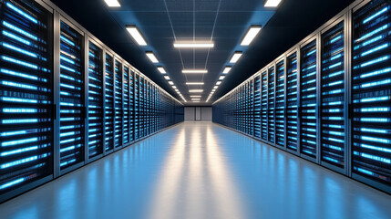 Modern server room with rows of servers illuminated by blue LED lights, creating high tech