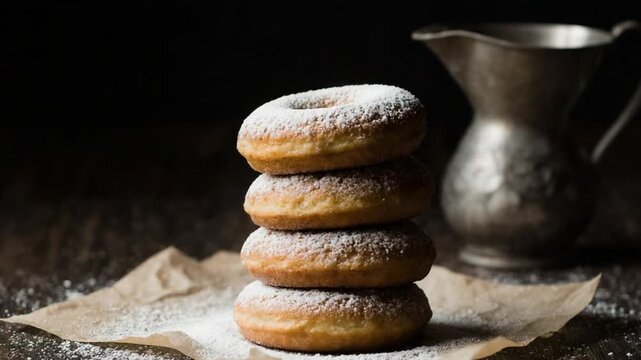 Stack of Fresh Donuts Covered with Powdered Sugar in Rustic Setting