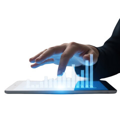 Hand Touching Digital Tablet with Glowing Business Graph on Black Background