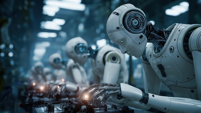 Close-up shot of three to four humanoid robots meticulously working on a dimly lit assembly line in a  manufacturing factory