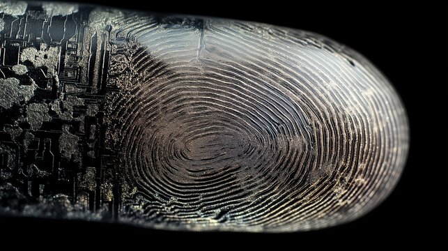 Extremely detailed close-up of an artificial skin fingertip, fingerprints hyper realistic, faint metallic shimmer beneath translucent surface, scientific aesthetic 