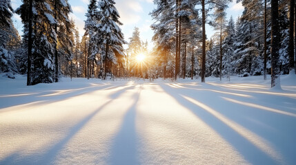 Obraz premium Golden sunrise illuminates snow covered forest, casting long shadows on ground