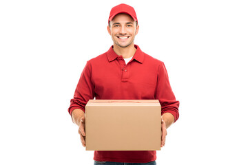 Smiling Delivery Person in Red Uniform Holding Package with Care and Offering Delivery Services with Trust a Reliable Service Guarantee in the Business Industry