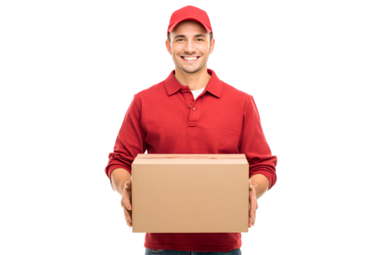 Smiling Delivery Person in Red Uniform Holding Package with Care and Offering Delivery Services with Trust a Reliable Service Guarantee in the Business Industry