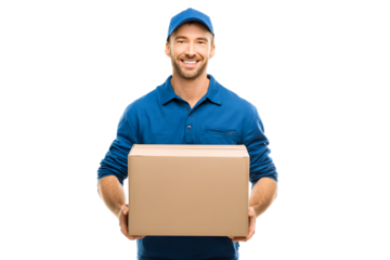Smiling delivery professional in uniform holding cardboard package shows reliable service and convenient shipment bringing customer satisfaction with fast and secure delivery for