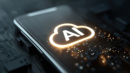 Smartphone with glowing "AI" assistant icon over abstract encrypted digital cloud, metaphor of data security and privacy, futuristic realism, soft lighting