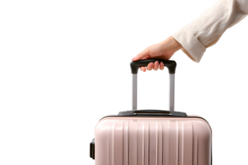 Female hand holding handle of a modern suitcase ready for vacation time or business trip representing the concept of travel and personal preparation for different destinations