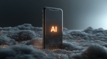 Smartphone with glowing "AI" assistant icon over abstract encrypted digital cloud, metaphor of data security and privacy, futuristic realism, soft lighting