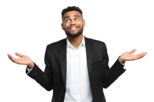 African American man with open hands gesturing in uncertainty for guidance and a thoughtful expression showing consideration for options and making smart decisions or pondering