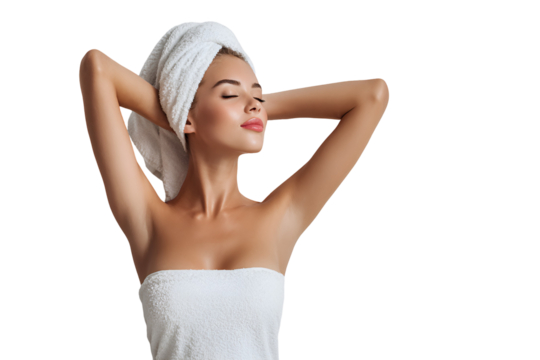Woman after shower with towel feeling relaxed in serene beauty and wellness lifestyle expressing the calmness in skincare and hair care treatment at spa after a long day