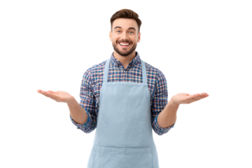 Friendly entrepreneur wearing apron smiles as he presents an offering with outstretched palms showing product placement options for restaurant business or welcoming invite for