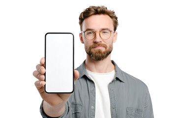Man presenting blank smartphone screen for advertisement promotion display for your design or social media template to catch attention and showcase a new app or modern website