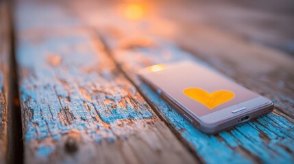 Smartphone displaying heart shape on weathered wooden surface at sunset