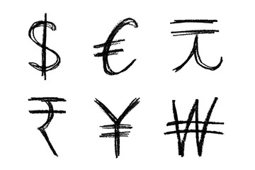 Hand drawn multiple currencies symbol set Dollar euro yuan yen won rupee