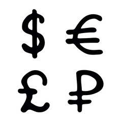 Hand drawn multiple currencies symbol set Dollar euro pound ruble