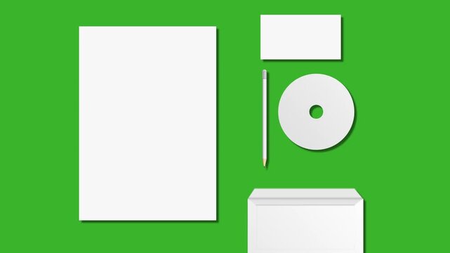 A white sheet, an envelope, a pencil, a CD, and a business card appear on the chromakey background. 4K