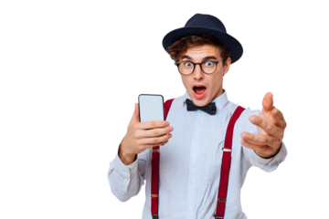 Expressive gentleman with fedora looks amazed while using his cellphone for communication and social connection displaying trendy fashion and enthusiastic surprise and excitement