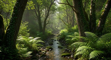 Obraz premium Tranquil Forest Stream - A Lush Green Oasis of Nature.