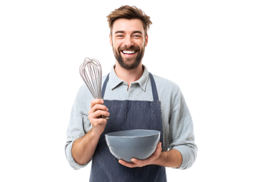 Cheerful male cook wearing apron holds a whisk and a bowl for mixing food ingredients with a happy smile on his face preparing to cook something delicious