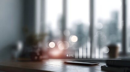 Digital infographic progress overlay on a blurred modern workspace with city view