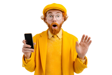 Man's unexpected surprise shown through his facial expression with ginger beard while holding a mobile phone with excited enthusiasm demonstrates winning moment for positive