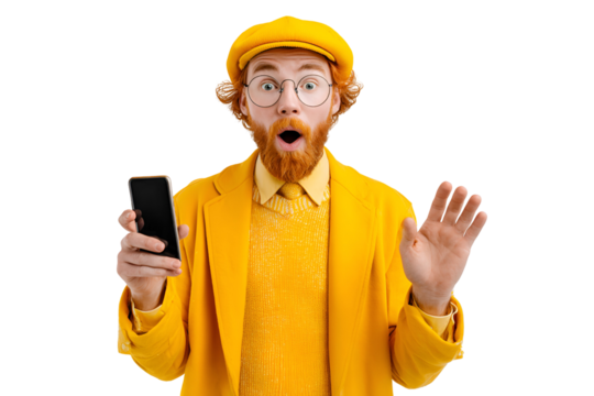 Man's unexpected surprise shown through his facial expression with ginger beard while holding a mobile phone with excited enthusiasm demonstrates winning moment for positive