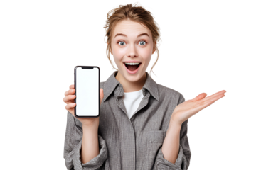 Excited woman holding phone with blank screen displaying amazing offer for promotion a product with surprise face and open hand showing positive emotions