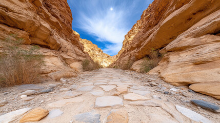 Rocky canyon path with blue sky and clouds