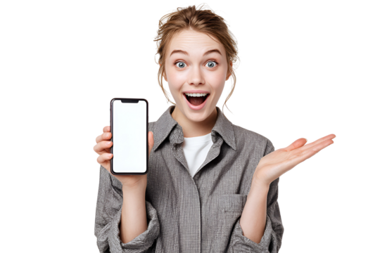 Excited woman holding phone with blank screen displaying amazing offer for promotion a product with surprise face and open hand showing positive emotions