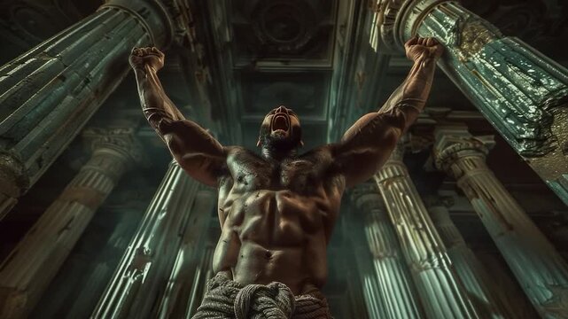 video clip A person standing in front of multiple columns, possibly architectural or historical significance