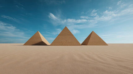 Surreal desert landscape featuring three pyramids under bright blue sky