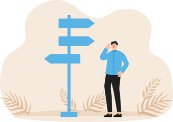 Decision making and choose career path, work direction or right way to success,businessmen looking at road sign with question marks and  confusing businessman for his future.
