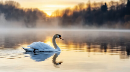Obraz premium Graceful swan gliding across misty lake at sunrise, creating serene atmosphere