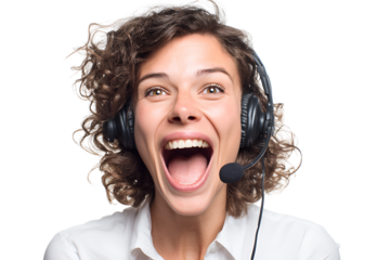 Enthusiastic woman wearing headset showing great surprise and excitement while working at a modern call center providing exceptional assistance to the customer with her excellent