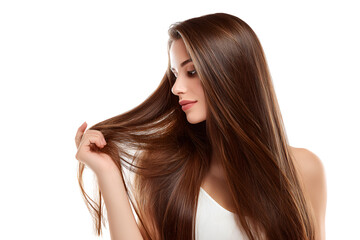 Young woman showcasing elegant hairstyle with healthy radiant hair in studio lighting ideal for advertising natural hair care products and professional hair coloring services or