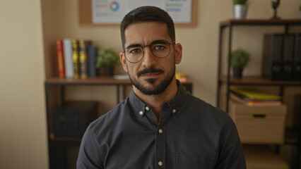 Obraz premium Young hispanic man in an office gestures no with finger against a background of shelves and books