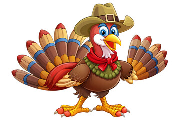 Cartoon turkey wearing a cowboy hat and bandana isolated on transparent background