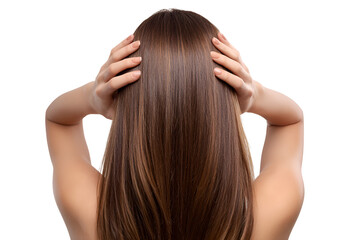 Fototapeta premium Woman Hands Touching Healthy Hair Displaying Shiny Brown Locks Revealing its Beauty with an Elegant Hairdo to Enhance Beauty and Style for a Formal Event or Hairstyle Collection