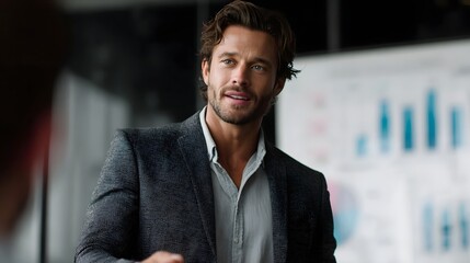 A focused businessman confidently presents a business plan in a bright meeting room with charts and graphs