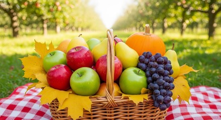 Autumn picnic basket overflowing with fresh fruits, apples, grapes and pumpkin on a checkered blanket outdoor. Harvest time concept, fall season abundance. 